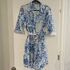 Blue and White Patterned Shirt Dress
